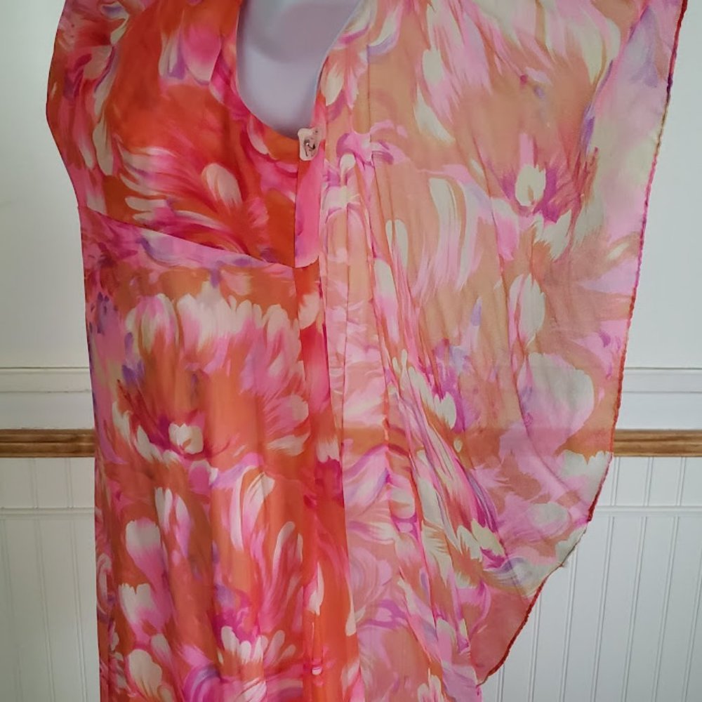 SOLD Vtg 60s Maxi Dress Women's Size 12 Watercolor Floral Pink Orange Capelet - Picture 8 of 13